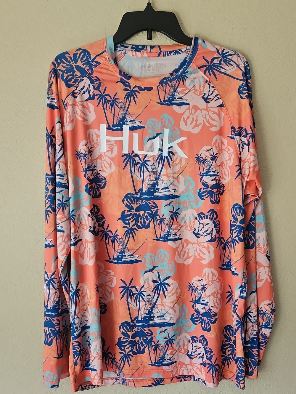 Huk Coral Tropical Fishing Shirt Navy & Aqua Accents Large